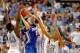 GREENSBORO, NC - MARCH 18: Doug McDermott #3 of the Creighton Bluejays looks to shoot over Harrison Barnes #40, Tyler Zeller #44 and James Michael McAdoo #43 of the North Carolina Tar Heels in the second half during the third round of the 2012 NCAA Men's Basketball Tournament at Greensboro Coliseum on March 18, 2012 in Greensboro, North Carolina. (Photo by Streeter Lecka/Getty Images)