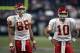 HOUSTON, TX - NOVEMBER 20: Trent Green #10 and Tony Gonzalez #88 of the Kansas City Chiefs stand on the field during the game with the Houston Texans on November 20, 2005 at Reliant Stadium in Houston, Texas. The Chiefs won 45-17. (Photo by Stephen Dunn /Getty Images)