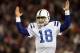 FOXBORO, MA - NOVEMBER 21: Peyton Manning #18 of the Indianapolis Colts celebrates a touchdown in the fourth quarter against the New England Patriots on November 21, 2010 at Gillette Stadium in Foxboro, Massachusetts. The Patriots defeated the Colts 31-28. (Photo by Elsa/Getty Images)