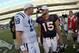 DENVER - SEPTEMBER 26: Quarterback Peyton Manning #18 of the Indianapolis Colts and quarterback Tim Tebow #15 of the Denver Broncos meet at midfield after the game at INVESCO Field at Mile High on September 26, 2010 in Denver, Colorado. The Colts defeated the Broncos 27-13 (Photo by Doug Pensinger/Getty Images)
