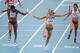 BARCELONA, SPAIN - AUGUST 01: Christine Arron of France wins the silver and Yelizaveta Bryzhina of Ukraine wins the gold medal in the Womens 4x100m Relay Final during day six of the 20th European Athletics Championships at the Olympic Stadium on August 1, 2010 in Barcelona, Spain. (Photo by Michael Steele/Getty Images)