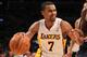 LOS ANGELES, CA - MARCH 18: Ramon Sessions #7 of the Los Angeles Lakers drives against the Utah Jazz at Staples Center on March 18, 2012 in Los Angeles, California. The Jazz won 103-99. NOTE TO USER: User expressly acknowledges and agrees that, by downloading and or using this photograph, User is consenting to the terms and conditions of the Getty Images License Agreement. (Photo by Stephen Dunn/Getty Images)