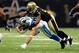NEW ORLEANS, LA - JANUARY 1: Jeremy Shockey #80 of the Carolina Panthers is tackled by Ramon Humber #53 of the New Orleans Saints at the Mercedes-Benz Superdome on January 1, 2012 in New Orleans, Louisiana (Photo by Scott Cunningham/Getty Images)
