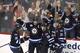 WINNIPEG, CANADA - MARCH 16: Andrew Ladd #16 of the Winnipeg Jets is congratulated by teammates Bryan Little #18, Tobias Enstrom #39 and Dustin Byfuglien #33 after his goal against the Washington Capitals in NHL action at the MTS Centre on March 16, 2012 in Winnipeg, Manitoba, Canada. (Photo by Marianne Helm/Getty Images)