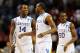ATLANTA, GA - MARCH 23: Michael Kidd-Gilchrist #14, Darius Miller #1 and Doron Lamb #20 of the Kentucky Wildcats react during their 102 to 90 win over the Indiana Hoosiers during the 2012 NCAA Men's Basketball South Regional Semifinal game at the Georgia Dome on March 23, 2012 in Atlanta, Georgia. (Photo by Streeter Lecka/Getty Images)