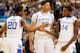 ATLANTA, GA - MARCH 25: Doron Lamb #20, Anthony Davis #23 and Michael Kidd-Gilchrist #14 of the Kentucky Wildcats celebrate after Kidd-Gilchrist scored in the first half against the Baylor Bears during the 2012 NCAA Men's Basketball South Regional Final at the Georgia Dome on March 25, 2012 in Atlanta, Georgia. (Photo by Kevin C. Cox/Getty Images)