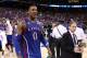 ST LOUIS, MO - MARCH 25: Thomas Robinson #0 of the Kansas Jayhawks celebrates after they won 80-67 against the North Carolina Tar Heels during the 2012 NCAA Men's Basketball Midwest Regional Final at Edward Jones Dome on March 25, 2012 in St Louis, Missouri. (Photo by Andy Lyons/Getty Images)