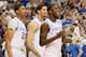ATLANTA, GA - MARCH 25: Anthony Davis #23, Eloy Vargas #30 and Michael Kidd-Gilchrist #14 of the Kentucky Wildcats celebrate their 82 to 70 win over the Baylor Bears during the 2012 NCAA Men's Basketball South Regional Final at the Georgia Dome on March 25, 2012 in Atlanta, Georgia. (Photo by Kevin C. Cox/Getty Images)