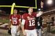 TEMPE, AZ - DECEMBER 30: Quarterback Landry Jones #12 of the Oklahoma Sooners celebrates as he walks off the field after defeating the Iowa Hawkeyes in the Insight Bowl at Sun Devil Stadium on December 30, 2011 in Tempe, Arizona. The Sooners defeated the Hawkeyes 31-14. (Photo by Christian Petersen/Getty Images)