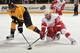 NASHVILLE, TN - DECEMBER 15: Ian White #18 of the Detroit Red Wings fights Martin Erat #10 of the Nashville Predators for the puck at the Bridgestone Arena on December 15, 2011 in Nashville, Tennessee. (Photo by Frederick Breedon/Getty Images)