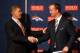 ENGLEWOOD, CO - MARCH 20: Quarterback Peyton Manning (R) shakes hands with executive vice president of football operations John Elway during a news conference announcing Manning's contract with the Denver Broncos in the team meeting room at the Paul D. Bowlen Memorial Broncos Centre on March 20, 2012 in Englewood, Colorado. Manning, entering his 15th NFL season, was released by the Indianapolis Colts on March 7, 2012, where he had played his whole career. It has been reported that Manning will sign a five-year, $96 million offer. (Photo by Justin Edmonds/Getty Images)