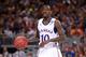 ST. LOUIS, MO - MARCH 23: Tyshawn Taylor #10 of the Kansas Jayhawks brings the ball up court in the first half against the North Carolina State Wolfpack during the 2012 NCAA Men's Basketball Midwest Regional Semifinal at Edward Jones Dome on March 23, 2012 in St. Louis, Missouri. (Photo by Andy Lyons/Getty Images)