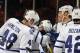 NEWARK, NJ - MARCH 23: Teammates mob Nazem Kadri #43 of the Toronto Maple Leafs following his game winning goal in the shootout against the New Jersey Devils at the Prudential Center on March 23, 2012 in Newark, New Jersey. The Maple Leafs defeated the Devils 4-3 in the shootout. (Photo by Bruce Bennett/Getty Images)