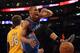 LOS ANGELES, CA - MARCH 29: Russell Westbrook #0 of the Oklahoma City Thunder reacts after his dunk in front of Pau Gasol #16 of the Los Angeles Lakers during a 102-93 win over the Los Angeles Lakers at Staples Center on March 29, 2012 in Los Angeles, California. NOTE TO USER: User expressly acknowledges and agrees that, by downloading and or using this photograph, User is consenting to the terms and conditions of the Getty Images License Agreement. (Photo by Harry How/Getty Images)