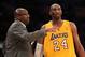 LOS ANGELES, CA - DECEMBER 27: Kobe Bryant #24 of the Los Angeles Lakers confers with head coach Mike Brown during the game against the Utah Jazz at Staples Center on December 27, 2011 in Los Angeles, California. The Lakers won 96-71. NOTE TO USER: User expressly acknowledges and agrees that, by downloading and or using this photograph, User is consenting to the terms and conditions of the Getty Images License Agreement. (Photo by Stephen Dunn/Getty Images)