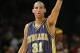 NEW YORK - FEBRUARY 3: Reggie Miller #31 of the Indiana Pacers points after Stephon Marbury #3 of the New York Knicks was called with an offensive foul on February 3, 2004 at Madison Square Garden in New York City. NOTE TO USER: User expressly acknowledges that, by downloading and or using this photograph, User is consenting to the terms and conditions of the Getty Images License agreement. (Photo by Ezra Shaw/Getty Images)