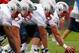 FOXBOROUGH, MA - JULY 29: The offensive line of the New England Patriots participates in a session of training camp at Gillette Stadium on July 29, 2011 in Foxborough, Massachusetts. (Photo by Jim Rogash/Getty Images)