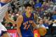PHILADELPHIA, PA - MARCH 21: Jeremy Lin #17 of the New York Knicks drives around Spencer Hawes #00 of the Philadelphia 76ers at the Wells Fargo Center on March 21, 2012 in Philadelphia, Pennsylvania. NOTE TO USER: User expressly acknowledges and agrees that, by downloading and or using this photograph, User is consenting to the terms and conditions of the Getty Images License Agreement. (Photo by Drew Hallowell/Getty Images)