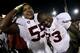 LOS ANGELES, CA - OCTOBER 29: Offensive tackles Jonathan Martin #54 and Cameron Fleming #73 of the Stanford Cardinal celebrate after the game with the USC Trojans at the Los Angeles Memorial Coliseum on October 29, 2011 in Los Angeles, California. Stanford won 56-48 in three overtimes. (Photo by Stephen Dunn/Getty Images)