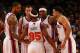 NEW YORK, NY - MARCH 26: (L-R) Tyson Chandler, Steve Novak #16, Baron Davis #85, Carmelo Anthony #7 and Landry Fields #2 of the New York Knicks at Madison Square Garden on March 26, 2012 in New York City. NOTE TO USER: User expressly acknowledges and agrees that, by downloading and or using this photograph, User is consenting to the terms and conditions of the Getty Images License Agreement. (Photo by Chris Chambers/Getty Images)