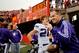 LINCOLN, NE - NOVEMBER 05: Coach Pat Fitzgerald of the Northwestern Wildcats celebrates with cornerback Tim Weak #20 of the and the rest of his players after they defeated the Nebraska Cornhuskers at Memorial Stadium November 5, 2011 in Lincoln, Nebraska. (Photo by Eric Francis/Getty Images)