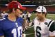 EAST RUTHERFORD, NJ - AUGUST 29: Eli Manning #10 of the New York Giants talks with Mark Sanchez #6 of the New York Jets after their game on August 29, 2009 at Giants Stadium in East Rutherford, New Jersey. (Photo by Jim McIsaac/Getty Images)