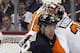 PITTSBURGH, PA - APRIL 7: Tyler Kennedy #48 of the Pittsburgh Penguins crashes into Sergei Bobrovsky #35 of the Philadelphia Flyers during the game at Consol Energy Center on April 7, 2012 in Pittsburgh, Pennsylvania. (Photo by Justin K. Aller/Getty Images)