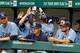 ST PETERSBURG, FL - APRIL 08: Infielder Carlos Pena #23 of the Tampa Bay Rays is congratulated after his home run against the New York Yankees during the game at Tropicana Field on April 8, 2012 in St. Petersburg, Florida. (Photo by J. Meric/Getty Images)