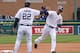 DETROIT, MI - APRIL 10: Austin Jackson #14 of the Detroit Tigers celebrates a seventh inning home run with third base coach third base coach Gene Lamont #22 at Comerica Park on April 10, 2012 in Detroit, Michigan. Detroit won the game 5-2. (Photo by Gregory Shamus/Getty Images)