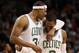 BOSTON, MA - MARCH 06: Paul Pierce #34 celebrates the win with teammate Rajon Rondo #9 of the Boston Celtics on March 6, 2012 at TD Garden in Boston, Massachusetts. The Boston Celtics defeated the Houston Rockets 97-92 in overtime. NOTE TO USER: User expressly acknowledges and agrees that, by downloading and or using this photograph, User is consenting to the terms and conditions of the Getty Images License Agreement. (Photo by Elsa/Getty Images)