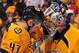 NASHVILLE, TN - APRIL 11: Alexander Radulov #47 of the Nashville Predators congratulates his goalie Pekka Rinne #35 on defeating the Detroit Red Wings in Game One of the Western Conference Quarterfinals during the 2012 NHL Stanley Cup Playoffs at the Bridgestone Arena on April 11, 2012 in Nashville, Tennessee. (Photo by Frederick Breedon/Getty Images)