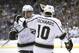 VANCOUVER, CANADA - APRIL 11: Mike Richards #10 of the Los Angeles Kings is congratulated by Anze Kopitar #11 after scoring against the Vancouver Canucks during the first period in Game One of the Western Conference Quarterfinals during the 2012 NHL Stanley Cup Playoffs at Rogers Arena on April 11, 2012 in Vancouver, British Columbia, Canada. (Photo by Rich Lam/Getty Images)