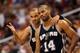 PHOENIX, AZ - MARCH 27: Tony Parker #9 and Gary Neal #14 of the San Antonio Spurs talk during the NBA game against the Phoenix Suns at US Airways Center on March 27, 2012 in Phoenix, Arizona. NOTE TO USER: User expressly acknowledges and agrees that, by downloading and or using this photograph, User is consenting to the terms and conditions of the Getty Images License Agreement. (Photo by Christian Petersen/Getty Images)