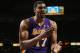 NEW ORLEANS, LA - APRIL 09: Andrew Bynum #17 of the Los Angeles Lakers talks with a referee at New Orleans Arena on April 9, 2012 in New Orleans, Louisiana. NOTE TO USER: User expressly acknowledges and agrees that, by downloading and or using this photograph, User is consenting to the terms and conditions of the Getty Images License Agreement. (Photo by Chris Graythen/Getty Images)