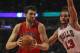 CHICAGO, IL - MARCH 24: Andrea Bargnani #7 of the Toronto Raptors drives around Joakim Noah #13 of the Chicago Bulls at the United Center on March 24, 2012 in Chicago, Illinois. The Bulls defeated the Rators 102-101 in overtime. NOTE TO USER: User expressly acknowledges and agrees that, by downloading and or using this photograph, User is consenting to the terms and conditions of the Getty Images License Agreement. (Photo by Jonathan Daniel/Getty Images)