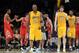 LOS ANGELES, CA - APRIL 06: Kobe Bryant #24 of the Los Angeles Lakers, Pau Gasol #16 and Metta World Peace #15 leave the court after losing to the Houston Rockets 112-107 at Staples Center on April 6, 2012 in Los Angeles, California. NOTE TO USER: User expressly acknowledges and agrees that, by downloading and or using this photograph, User is consenting to the terms and conditions of the Getty Images License Agreement. (Photo by Harry How/Getty Images)
