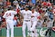 BOSTON, MA - APRIL 14: Jarrod Saltalamacchia #39 of the Boston Red Sox celebrates with teammates after hitting a two-run home run against the Tampa Bay Rays in the second inning at Fenway Park April 14, 2012 in Boston, Massachusetts. (Photo by Jim Rogash/Getty Images)