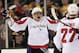 BOSTON, MA - MARCH 29: Alex Ovechkin #8 of the Washington Capitals celebrates teammate Dennis Wideman's goal in the third period against the Boston Bruins on March 29, 2012 at TD Garden in Boston, Massachusetts. The Washington Capitals defeated the Boston Bruins 3-2 in an overtime shootout. (Photo by Elsa/Getty Images)
