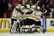 WASHINGTON, DC - APRIL 16: The Boston Bruins celebrate after defeating the Washington Capitals in Game Three of the Eastern Conference Quarterfinals during the 2012 NHL Stanley Cup Playoffs at Verizon Center on April 16, 2012 in Washington, DC. (Photo by Patrick McDermott/Getty Images)