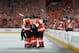 PHILADELPHIA, PA - APRIL 15: The Philadelphia Flyers celebrate a third period goal by Wayne Simmonds #17 against the Pittsburgh Penguins in Game Three of the Eastern Conference Quarterfinals during the 2012 NHL Stanley Cup Playoffs at Wells Fargo Center on April 15, 2012 in Philadelphia, Pennsylvania. The Flyers defeated the Penguins 8-4. (Photo by Bruce Bennett/Getty Images)
