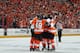 PHILADELPHIA, PA - APRIL 15: Matt Read #24 and the Philadelphia Flyers celebrate his powerplay goal at 14:18 of the second period against the Pittsburgh Penguins in Game Three of the Eastern Conference Quarterfinals during the 2012 NHL Stanley Cup Playoffs at Wells Fargo Center on April 15, 2012 in Philadelphia, Pennsylvania. (Photo by Bruce Bennett/Getty Images)