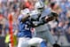 ORCHARD PARK, NY - SEPTEMBER 18: Denarius Moore #17 of the Oakland Raiders makes a catch against Leodis McKelvin #21 of the Buffalo Bills at Ralph Wilson Stadium on September 18, 2011 in Orchard Park, New York. Buffalo won 38-35. (Photo by Rick Stewart/Getty Images)