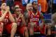 ST. LOUIS, MO - MARCH 23: (L-R) Jordan Vandenberg #14, Alex Johnson #3 and C.J. Leslie #5 of the North Carolina State Wolfpack sit dejected on the bench in the second half against the Kansas Jayhawks during the 2012 NCAA Men's Basketball Midwest Regional Semifinal at Edward Jones Dome on March 23, 2012 in St. Louis, Missouri. (Photo by Andy Lyons/Getty Images)