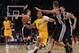 LOS ANGELES, CA - APRIL 17: Ramon Sessions #7 of the Los Angeles Lakers dribbles the ball in front of Tony Parker #9 of the San Antonio Spurs during the game at Staples Center on April 17, 2012 in Los Angeles, California. NOTE TO USER: User expressly acknowledges and agrees that, by downloading and or using this photograph, User is consenting to the terms and conditions of the Getty Images License Agreement. (Photo by Harry How/Getty Images)