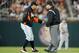WASHINGTON, DC - APRIL 20: Manager Ozzie Guillen of the Miami Marlins argues a call with second base umpire Phil Cuzzi in the eighth inning against the Washington Nationals at Nationals Park on April 20, 2012 in Washington, DC. (Photo by Greg Fiume/Getty Images)
