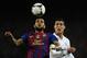 BARCELONA, SPAIN - JANUARY 25: Dani Alves of FC Barcelona (L) duels for a high ball with Cristiano Ronaldo of Real Madrid CF during the Copa del Rey quarter final second leg match between FC Barcelona and Real Madrid at Camp Nou on January 25, 2012 in Barcelona, Spain. (Photo by David Ramos/Getty Images)
