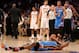 LOS ANGELES, CA - APRIL 22: James Harden #13 of the Oklahoma City Thunder lies on the floor after being hit by Metta World Peace #15 of the Los Angeles Lakers as referees separate Thunder and Lakers players at Staples Center on April 22, 2012 in Los Angeles, California. NOTE TO USER: User expressly acknowledges and agrees that, by downloading and or using this photograph, User is consenting to the terms and conditions of the Getty Images License Agreement. (Photo by Stephen Dunn/Getty Images)