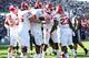 EAST HARTFORD, CT - NOVEMBER 26: Jawan Jamison #23 of the Rutgers Scarlet Knights is congratulated by teammates Betim Bujari #55,Malcolm Bush #88 and Desmond Wynn #70 after Jamison scored a touchdown in the second quarter against the Connecticut Huskies on November 26, 2011 at Rentschler Field in East Hartford, Connecticut. (Photo by Elsa/Getty Images)
