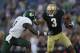 SOUTH BEND, IN - SEPTEMBER 03: Michael Floyd #3 of the Notre Dame Fighting Irish fights off Jon Lejiste #8 of the University of South Florida Bulls at Notre Dame Stadium on September 3, 2011 in South Bend, Indiana. (Photo by Jonathan Daniel/Getty Images)