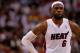 MIAMI, FL - APRIL 22: LeBron James #6 of the Miami Heat looks on during a game against the Houston Rockets at American Airlines Arena on April 22, 2012 in Miami, Florida. NOTE TO USER: User expressly acknowledges and agrees that, by downloading and/or using this Photograph, User is consenting to the terms and conditions of the Getty Images License Agreement. (Photo by Mike Ehrmann/Getty Images)